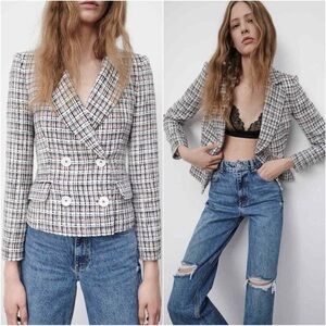 Zara Jacket Double Breasted Blazer Tweed Textured Long Sleeve Multicolor S